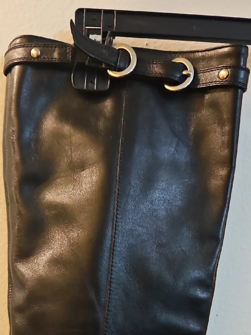 Michelle D Black Leather Under-the-Knee Boots with Buckle Strap